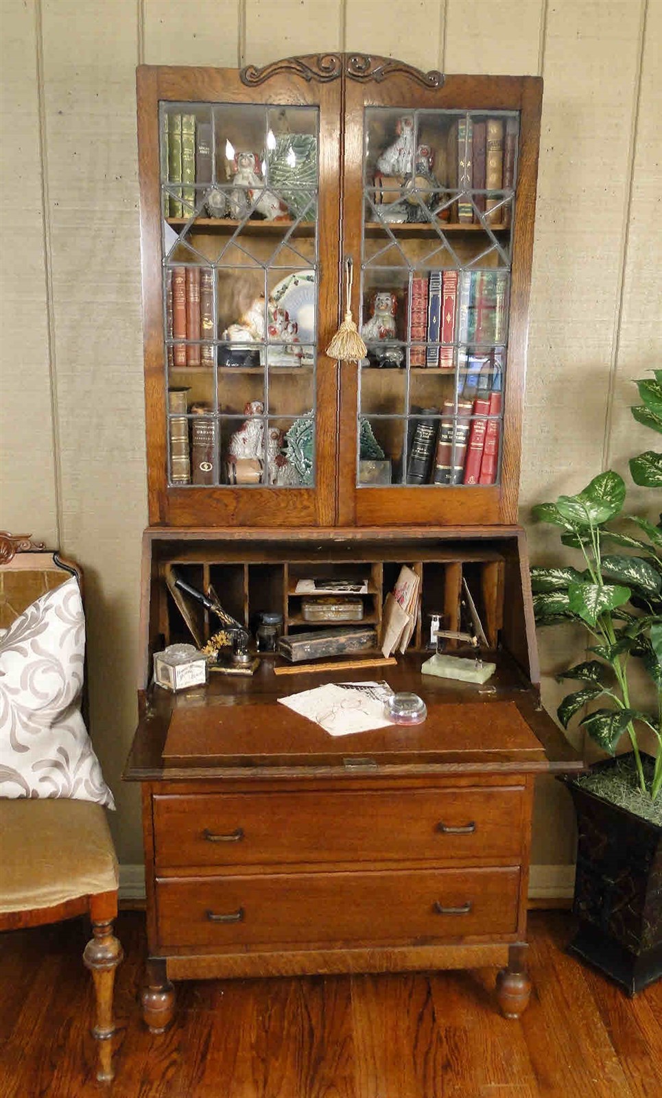 Antique SECRETARY DESK CHEST Tiger Oak Leaded Glass Oak Lock Key
