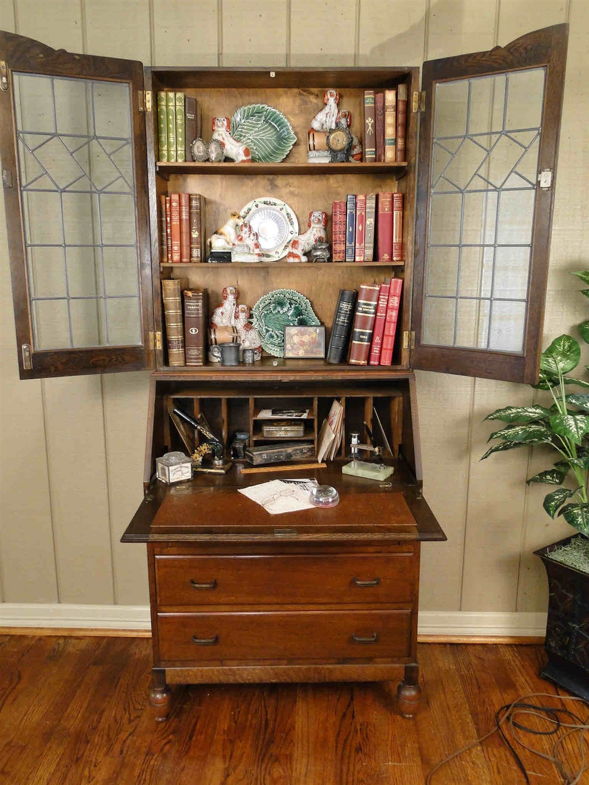 Antique SECRETARY DESK CHEST Tiger Oak Leaded Glass Oak Lock Key