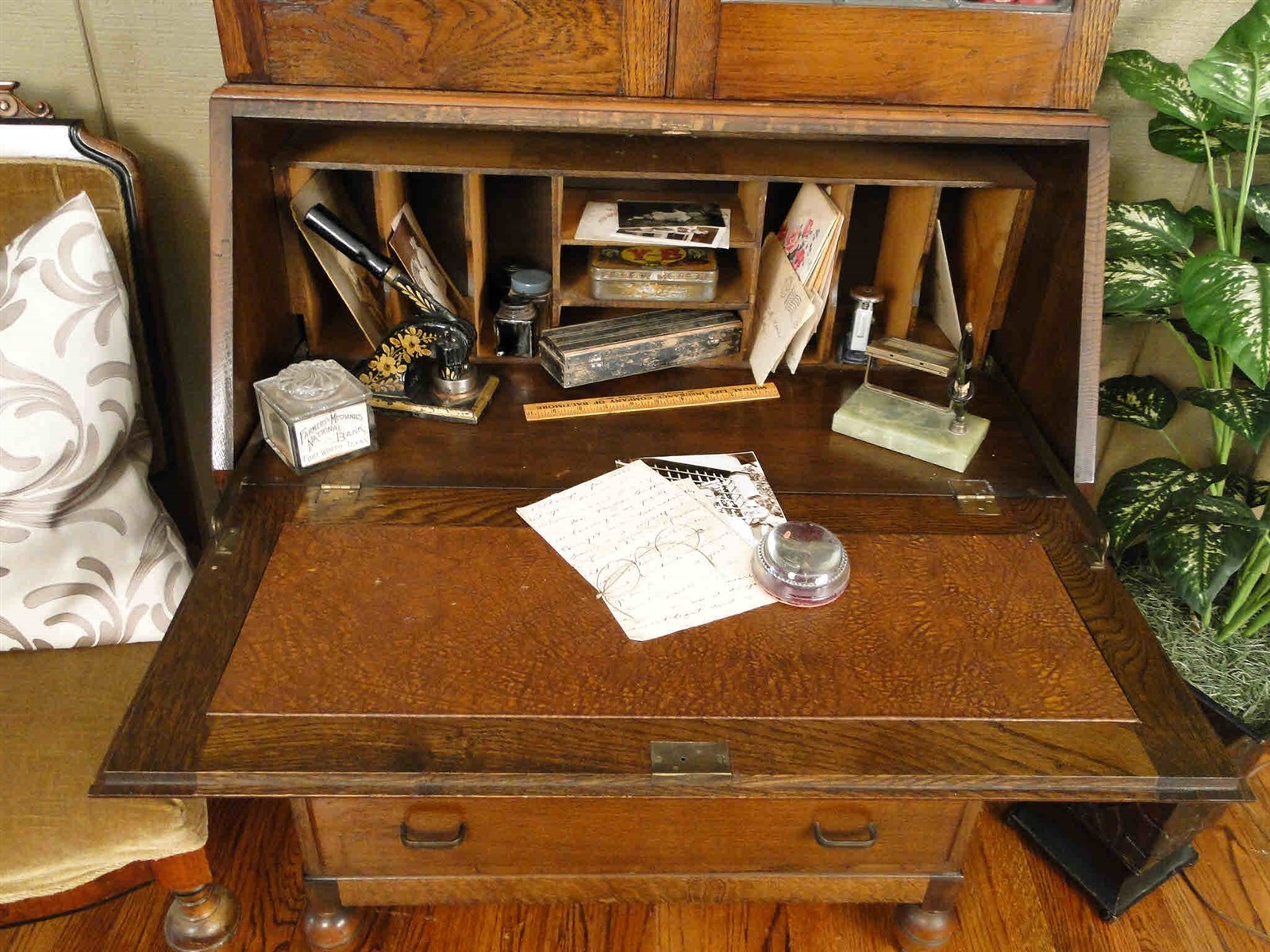 Antique SECRETARY DESK CHEST Tiger Oak Leaded Glass Oak Lock Key