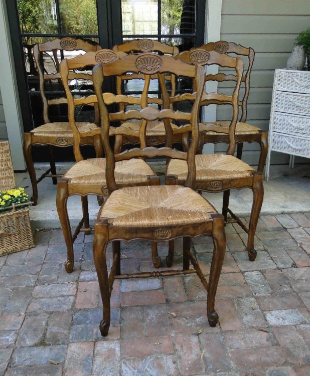 Antique French Dining Chairs Carved Oak Ladder Back Country Rush Seats